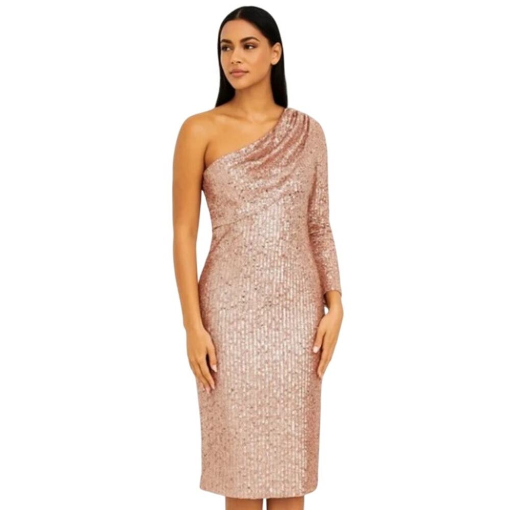 Dalia MacPhee Large New One Shoulder Sequin Midi Cocktail Dress Rose Gold Sleeve
